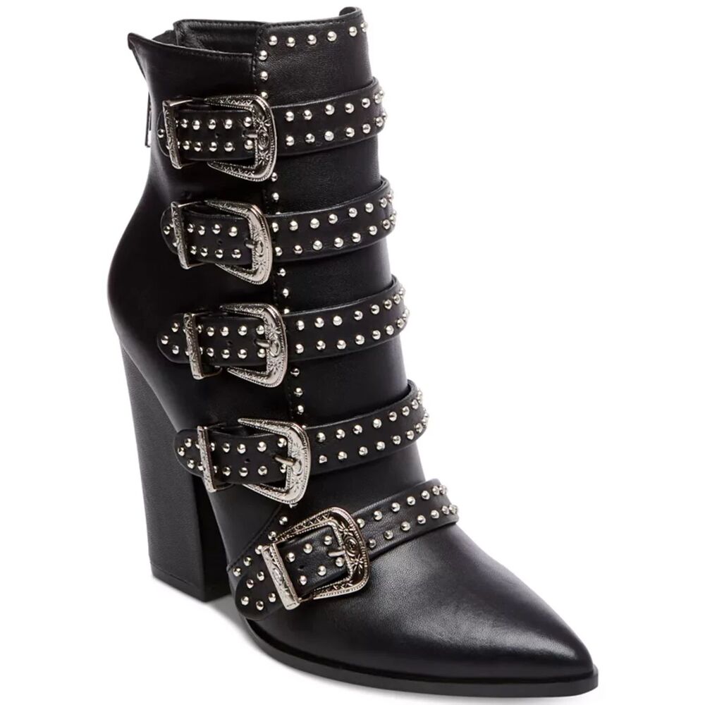 STEVE MADDEN Comet Black Leather Studded Buckle Western-Inspired Ankle Boots